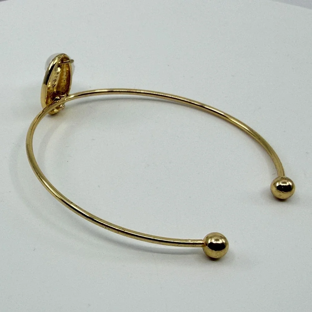 Y2K Gold Tone Shell & Faux Pearl Cuff Bangle Coastal Bohemian Statement Bracelet